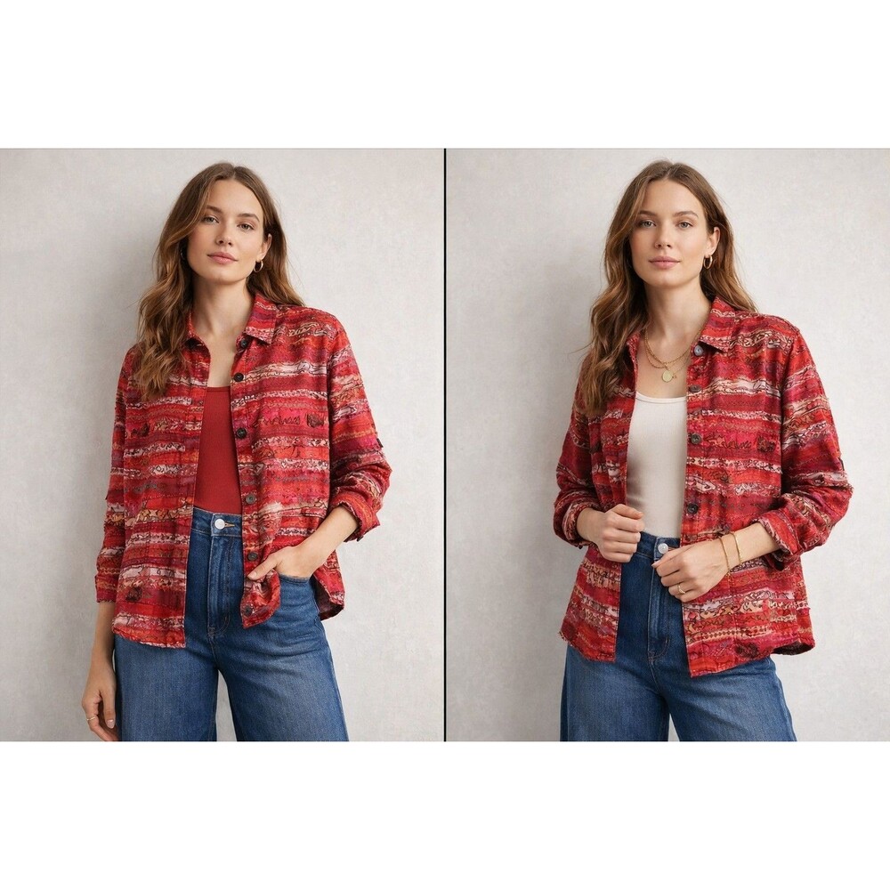 Y2k Textured Patchwork Button Down Shirt PL Red Paisley Boho Embroidered Artsy